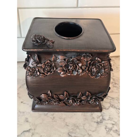 Vintage Bronze Floral Roses Bathroom Hand Towel Stand Tissue Box Cover - Picture 2 of 9